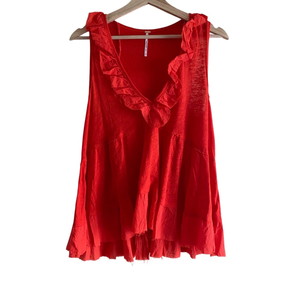 Free People Out and About Tank Woman Small Orange Ruffle Raw Hem Linen BOHO - Picture 15 of 15
